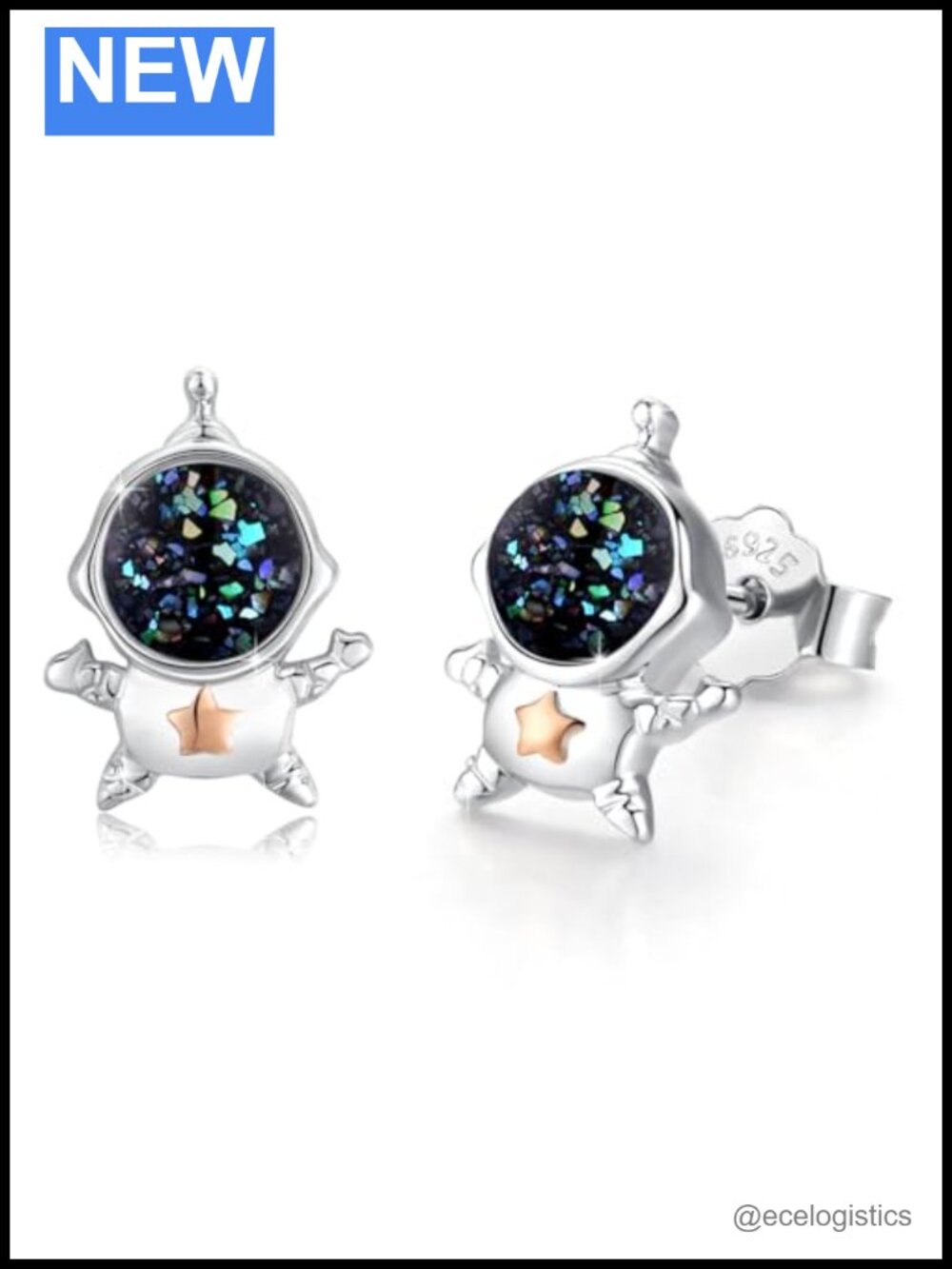 Sterling Silver Astronaut Stud Earrings with Moonstone and Abalone Shell – Cute